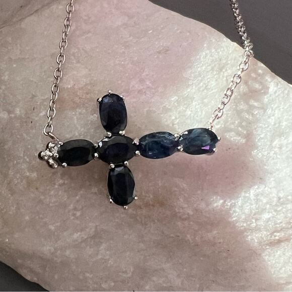 Dee Berkeley Blue Sapphire DBJ 925 Sterling Silver Cross Necklace - Picture 1 of 9